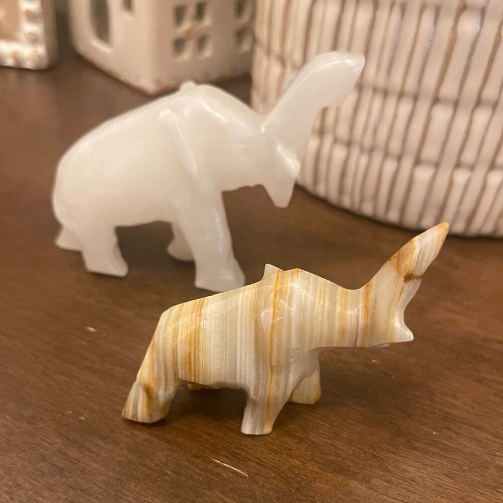 Hand Carved onyx stone elephant figurines pair